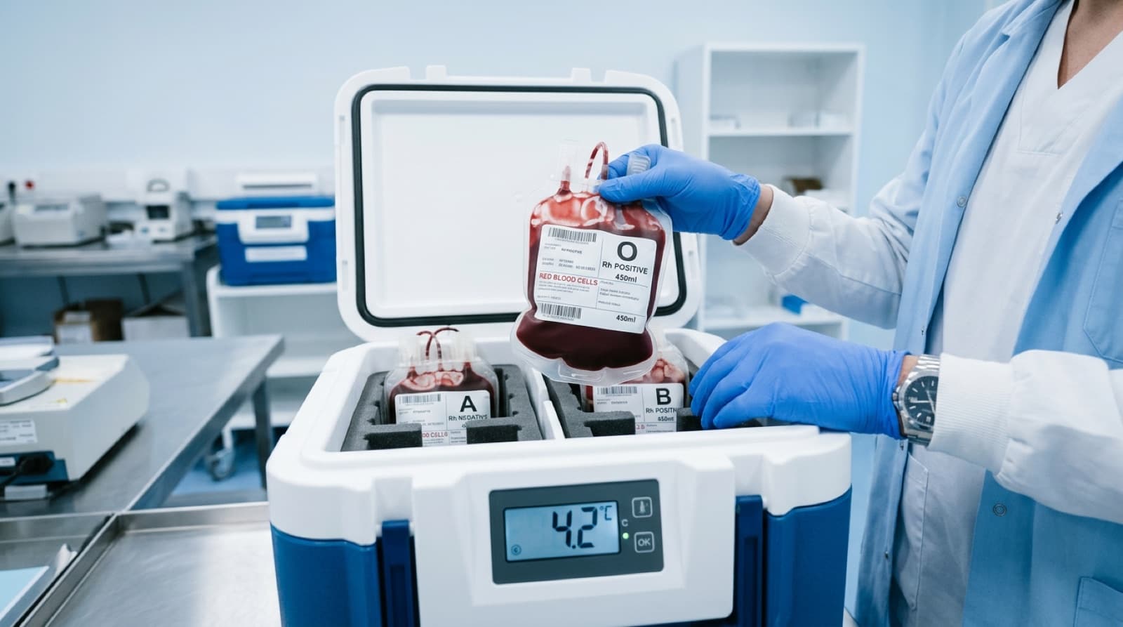 Gloved hospital blood bank staff placing sealed transfusion units into a validated insulated transport container with a digital temperature readout