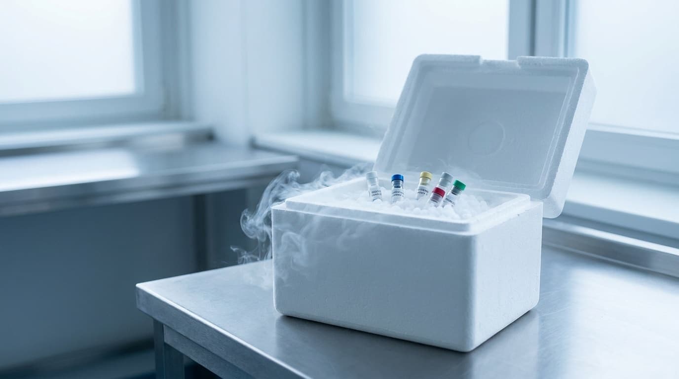 An insulated medical shipping container releasing cold vapor from sublimating dry ice used to keep specimens frozen in transit