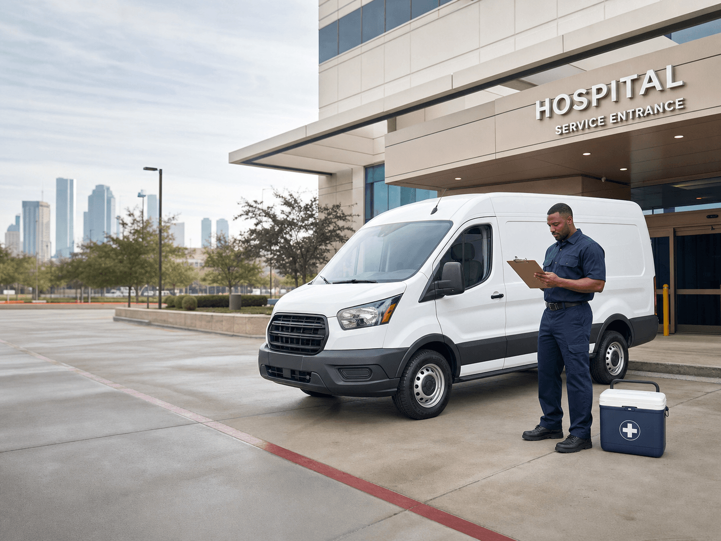 Product illustration of a medical courier reviewing a run checklist beside a delivery van
